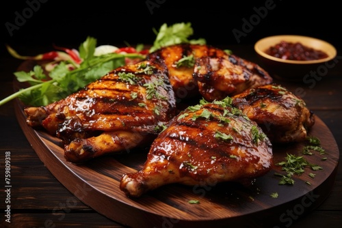 grilled chicken served on wooden board with dark background