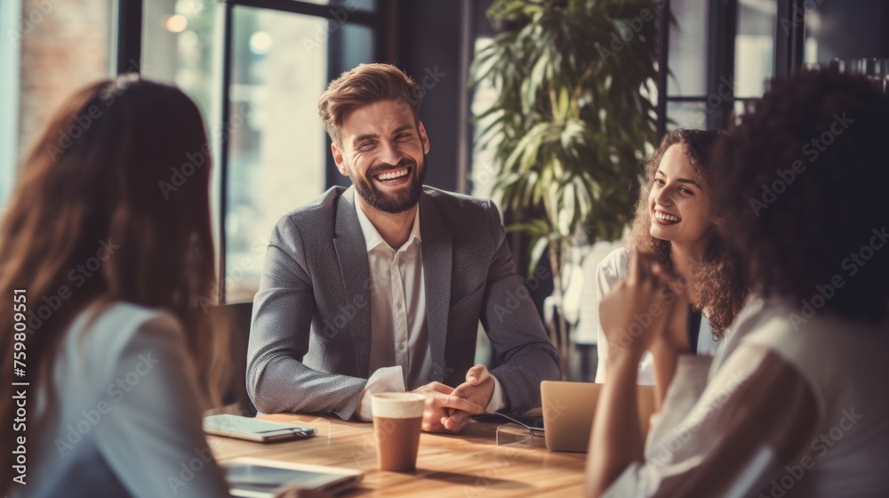 A group of Happy Satisfied Successful Businessmen at a table meeting. Young Men and Women laugh, Discuss Ideas, and Plan to launch Projects in the Office. A group of Happy Satisfied Successful Businessmen at a table meeting. Young Men and Women laugh, Discuss Ideas, and Plan to launch Projects in the Office.