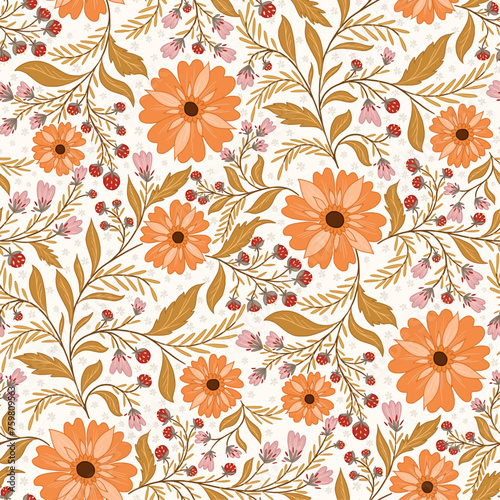 Strawberry bloom and orange flower pattern