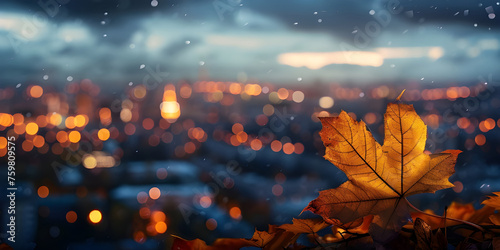 Autumn leaves on the background of the city at sunset, Autumn background - Ai generated
