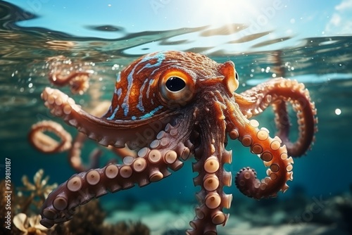 Close up of octopus in clear blue sea waters with sunlight creating mesmerizing underwater scene © Evgeny