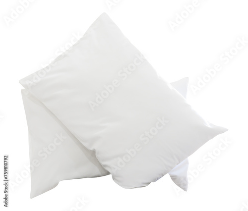 Two white pillows with cases after guest's use in hotel or resort room isolated on white background with clipping path