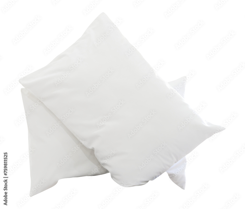 Two white pillows with cases after guest's use in hotel or resort room isolated with clipping path in png file format