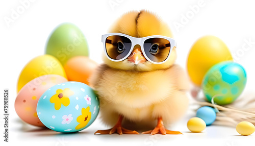 A close-up of a cute yellow chick wearing sunglasses and a top hat, against a white background