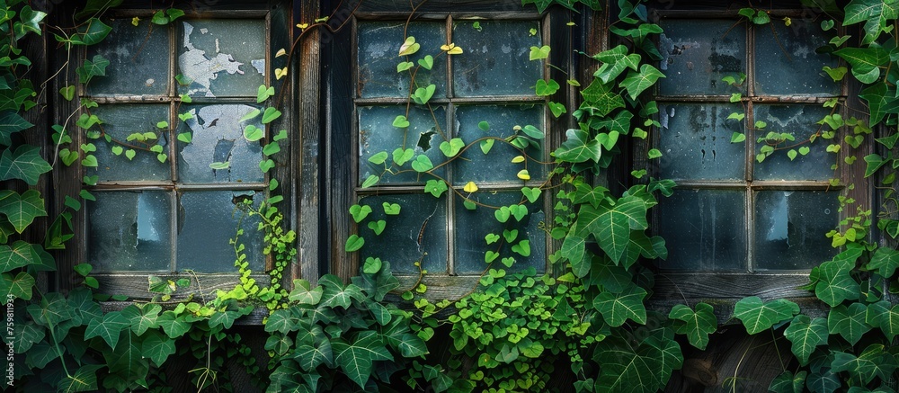 Beautiful Natural Still Life with Old Wooden Windows and Mosaic Glass Covered in Green Ivy