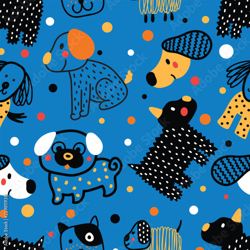 Cute doggie. Funny children's seamless pattern. Can be used in textile industry, paper, background, scrapbooking.Vector.