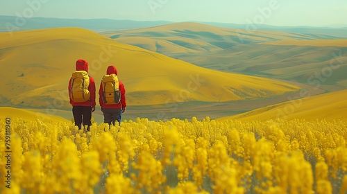 man and a woman in a canola field in spring created by ai