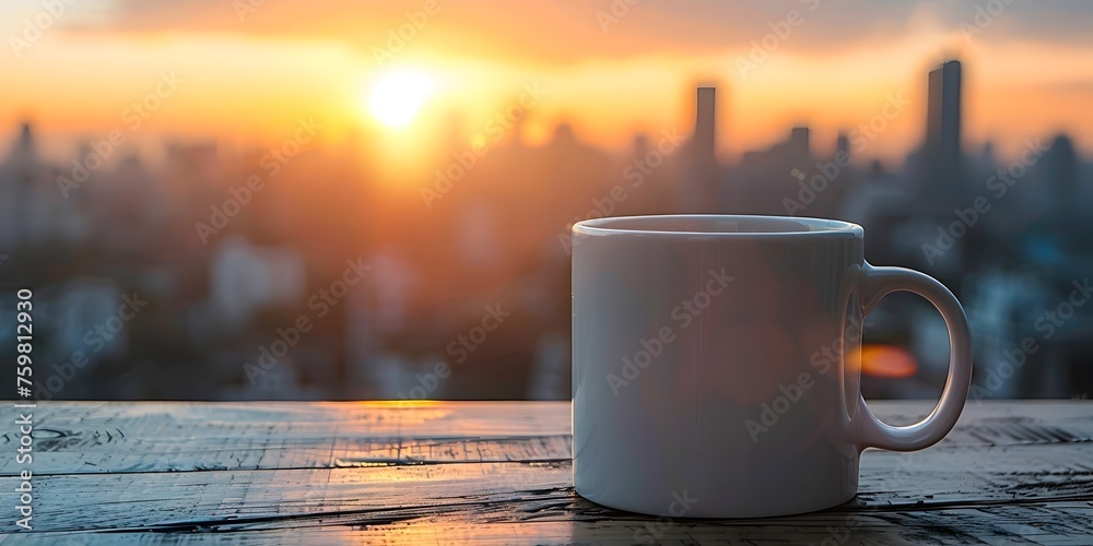 Obraz premium A white coffee cup sits on a wooden table overlooking a city at sunset