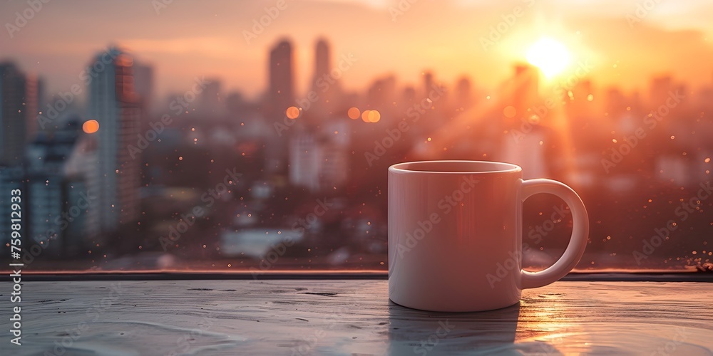 Obraz premium A white coffee cup sits on a wooden table overlooking a city at sunset