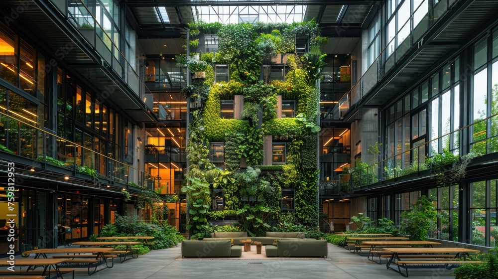 The interior of a contemporary office building featuring a lush vertical garden and comfortable seating areas