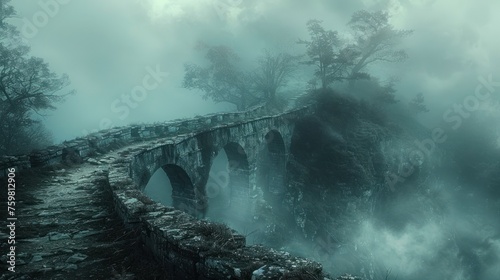 An eerie stone bridge with arches disappears into a dense fog within an enigmatic, dark forest landscape
