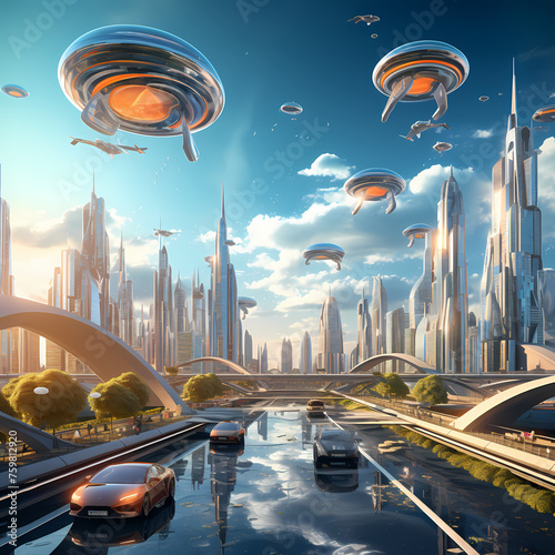 Futuristic city skyline with flying cars. 