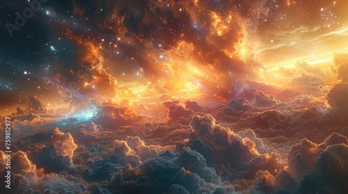 Vivid dramatic cosmic event  with glowing nebulae and stars above a sea of clouds