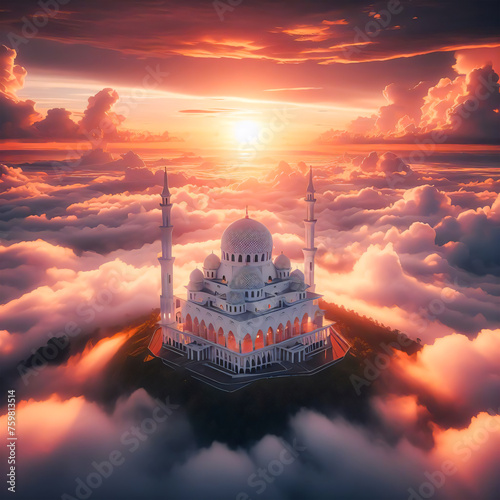 A Flying White Mosque around white clouds and blue sky ai images