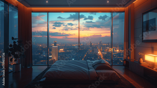 Luxurious Bedroom with Panoramic Cityscape View at Sunset © lin