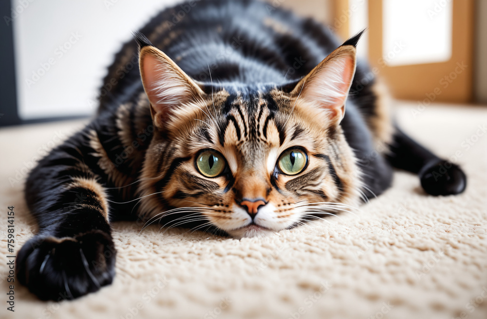funny, cute cat close-up, lying on a soft carpet, looking straight at the viewer