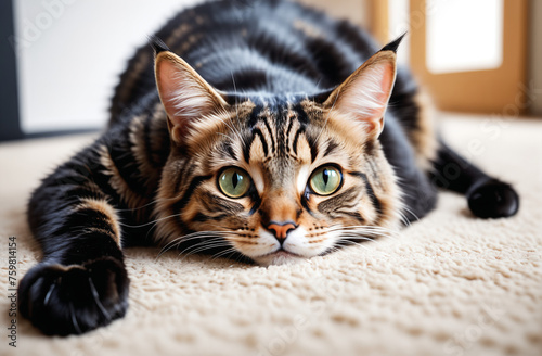 funny, cute cat close-up, lying on a soft carpet, looking straight at the viewer © Sergey