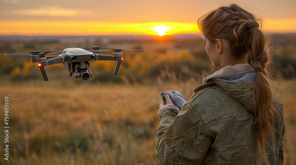 Fototapeta premium Female Farmer in a field at sunset, operating a drone, which symbolizes modern agricultural technology and innovation.
