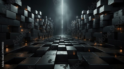 Mysterious boxes in a dark  reflective labyrinth