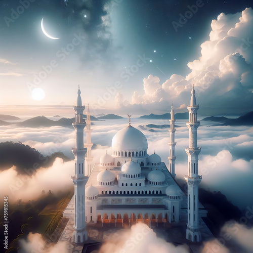 A Flying White Mosque around white clouds and blue sky ai images