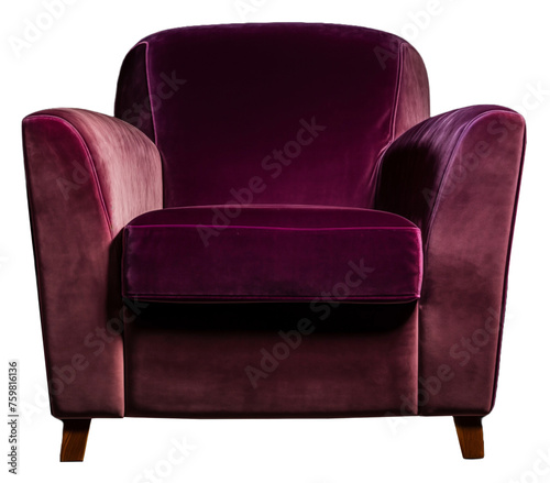 A fictional art deco style lounge chair done in purple velour plush material covering