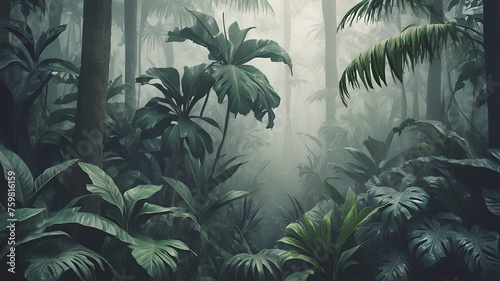 tropical trees and leaves wallpaper design in foggy forest