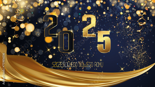 karta lub baner z życzeniami szczęśliwego nowego roku 2025 w złocie na niebieskim tle z cekinami i kółkami z efektem bokeh i pod złotą zasłoną