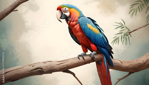 painting style illustration, a macaw bird on tree branch looking back,