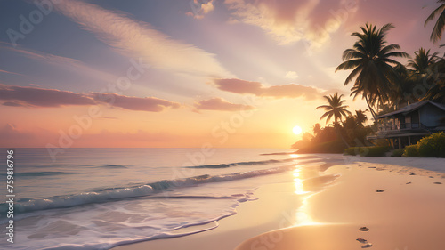 Luxury Honeymoon Shoreline. Solitude wallpaper with Peaceful Sunrise Beach. © Kovalova Ivanna