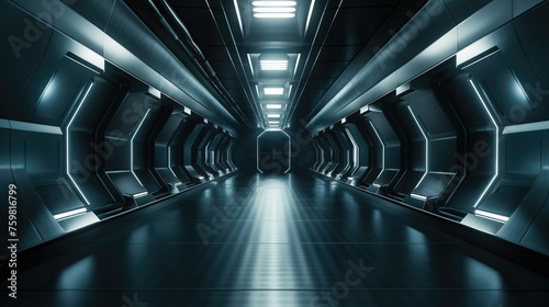 Fototapeta Naklejka Na Ścianę i Meble -  Sleek and modern spaceship hallway with glowing edges - concept of futuristic travel and space exploration