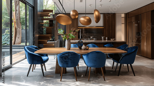 Modern Dining Room with Blue Chairs and Wooden Elements
