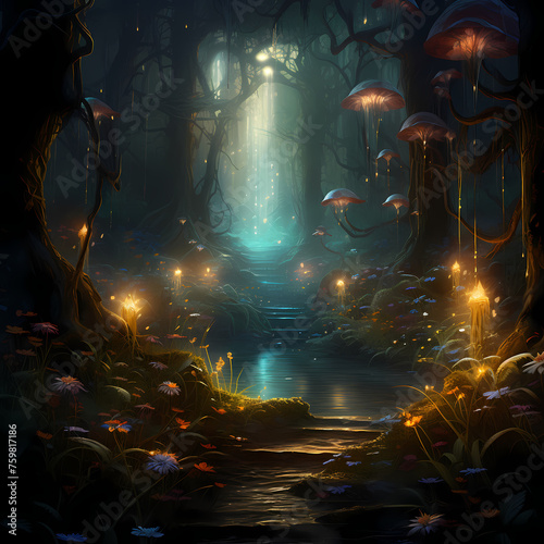 Mystical forest with glowing flora.