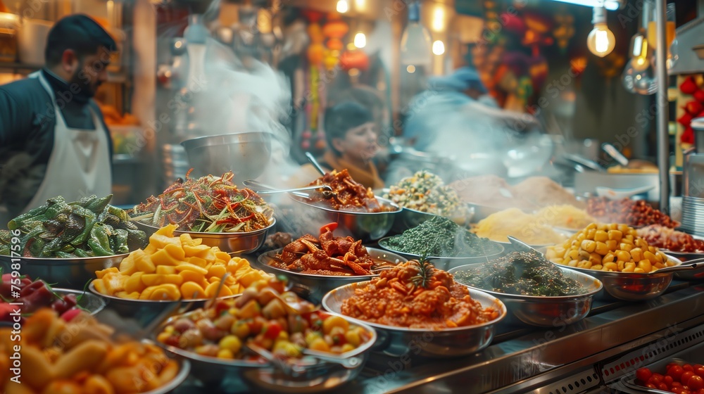 Vibrant Street Food Display at Night Market. Night market boasts a vibrant display of diverse street foods, with steam rising from the warm dishes. Vibrant Street Food Display at Night Market. Night market boasts a vibrant display of diverse street foods, with steam rising from the warm dishes.