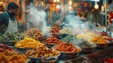 Vibrant Street Food Display at Night Market. Night market boasts a vibrant display of diverse street foods, with steam rising from the warm dishes.