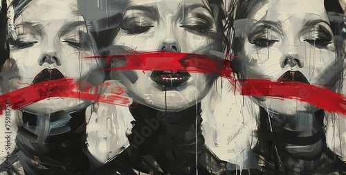 World Press Freedom Day Art: Women with Red Tape Over Their Mouths, Close-Up Portrait in Grey and Black - Abstract Illustration Style