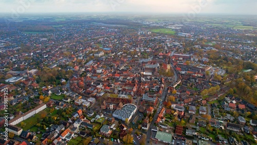 Aerial view of the old town around the city Dülmen on an overcast day in fall in Germany.	