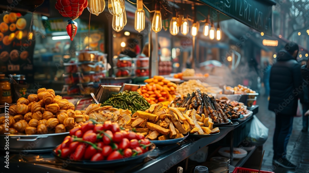 Vibrant Street Food Stall at Night. Bustling street food stall at night, illuminated by warm lights and offering a variety of traditional snacks.