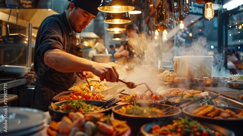 Busy Chef Preparing Meals at a Market Food Stall. Busy chef skillfully prepares a variety of meals at a bustling food stall in a lively market.