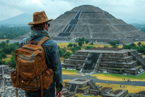 Man With Backpack Looking at Pyramid of the Sun