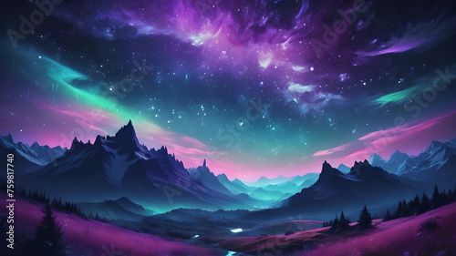 Beautiful fantasy starry night sky, blue and purple colorful, galaxy and aurora 4k wallpaper