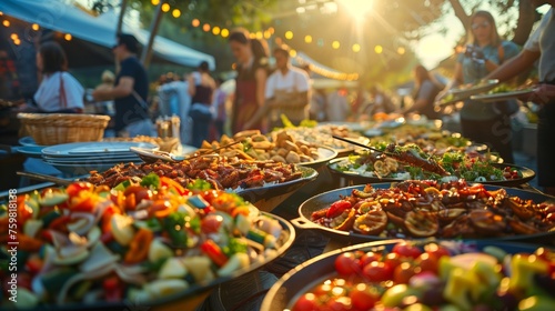 Summer Evening Food Festival Buffet Spread. Evening buffet spread at a summer food festival, featuring an array of delicious dishes under festive lights. © Old Man Stocker