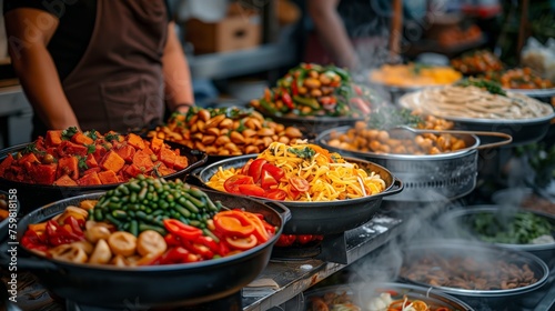 Assorted Delicacies at Outdoor Food Market. Diverse selection of assorted delicacies on display at an outdoor food market, surrounded by steam and bustling activity.
