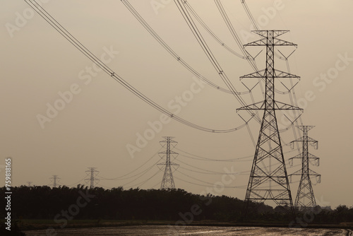 high voltage power pole pylons lines background