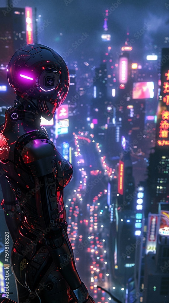 Android, metallic skin, advanced AI, wandering through a futuristic city, under neon lights, 3D render, backlighting, lens flare