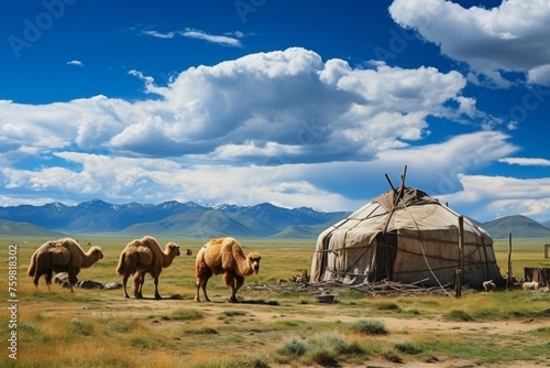 Picturesque central asian landscape featuring traditional camels and tents, typical of the region
