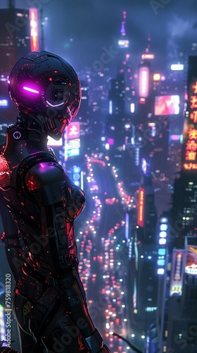 Android, metallic skin, advanced AI, wandering through a futuristic city, under neon lights, 3D render, backlighting, lens flare