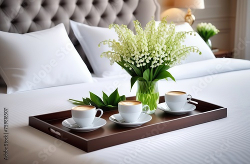 Tray with cups of coffee drink, vase with lily of the valley flowers on the bed in the bedroom