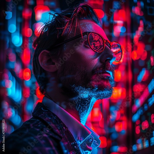 Cryptocurrency Maverick, Neon Glow, Tech-Savvy Guru, navigating through a digital labyrinth of virtual currencies, surrounded by code and data streams, a cyberpunk scene photo