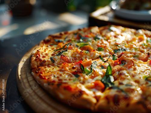 A close-up view of pizza with beef bacon grilled chicken, beef barbeque, tomato sauce, and mozzarella chees
