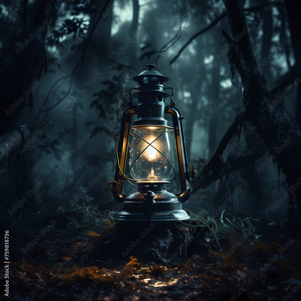 Old-fashioned lantern in a spooky forest.